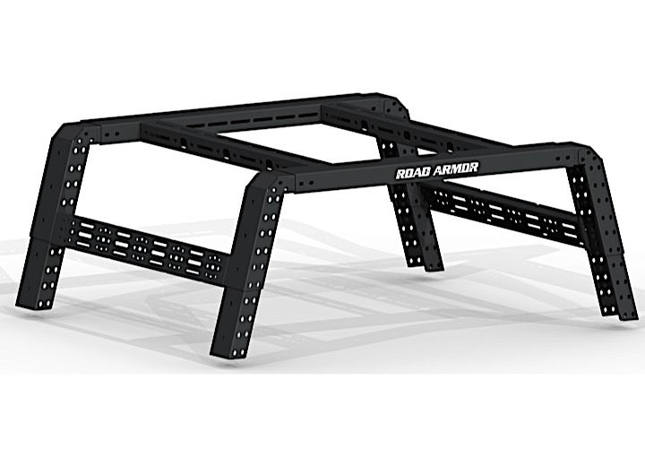 The 2019+ Ford Ranger Treck 5Ft. Adjustable Bed Rack System features sturdy black metal construction, a rectangular frame with angled legs, multiple accessory mounting holes, and “ROAD ARMOR” branding on the side. Bracket kit included.