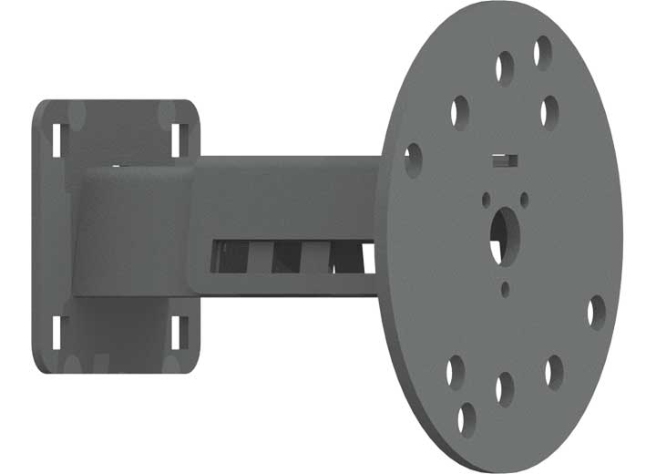 The 2007+ Jeep JL Rubicon Stealth Rear Tire Carrier 8.5 Extended Wheel Mount in texture black features a metal, rectangular base and large circular plate with multiple holes for secure mounting and attachment.