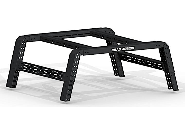 A black, heavy-duty adjustable bed rack system for 2009-2014 Ford F-150 5.5 to 6ft beds, featuring ROAD ARMOR branding, angular industrial design with perforated legs/crossbars—ideal for mounting or securing gear. (505Brs-Brktkit included).