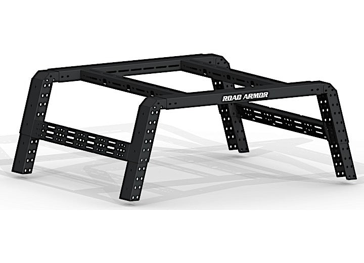 The 2015-2020 Ford F-150 Treck Adjustable Bed Rack System fits 5 1/2 to 6 ft full-size truck beds. In texture black, it features a rectangular top, four angled perforated legs for accessories, and supports cargo or gear. 500Brs-Brktkit is included.