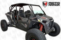 A rugged black Polaris RZR with red shocks and large knobby tires is shown at an angle. It seats four, features visible safety harnesses, and displays the Moto Armor logo above a patterned background. Equipped with the Rzr 2019+ Glass Half Windshield.