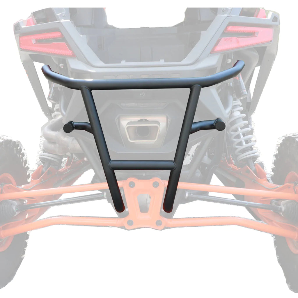 The Rear Bumper Polaris RZR Pro R in black metal with angular bars is shown over the rear of an orange off-road vehicle, highlighting mounting points alongside large suspension springs and prominent taillights.
