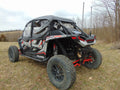 A Polaris Rzr Xp 4 Turbo S equipped with Soft Upper Half Doors and a Rear Window Combo is parked on a grassy field, featuring rugged tires and a roll cage. Leafless trees and cloudy skies appear in the background.