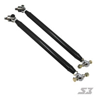 Two black S3 Power Sports HD tie rods for 2014+ Polaris RZR XP 1000/XP Turbo, with silver and brass-colored hardware at each end, are laid parallel on a white background. A small, light gray SX logo appears in the lower right corner.