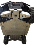 Vertically oriented underside view of a Polaris Ranger with Full Aluminum Skid Plate Set (fits most single cab models), showing large rugged tires, highlighted suspension, and durable skid plates protecting the chassis for superior off-road capability.