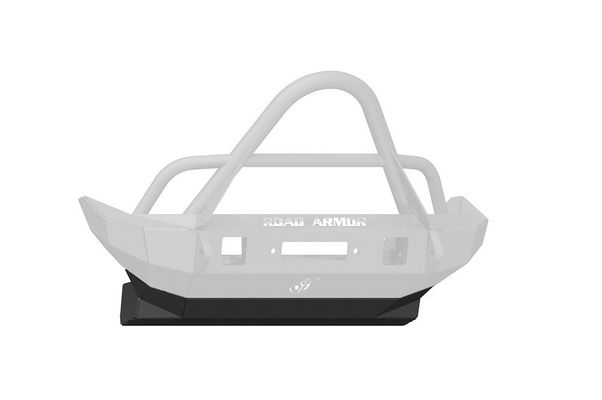 A digital rendering displays the 2018+ Jeep JL Rubicon Stealth Front Skid Plate Mid Width Satin Black by Road Armor, featuring a semi-transparent bumper and a solid black textured skid plate against a white background.