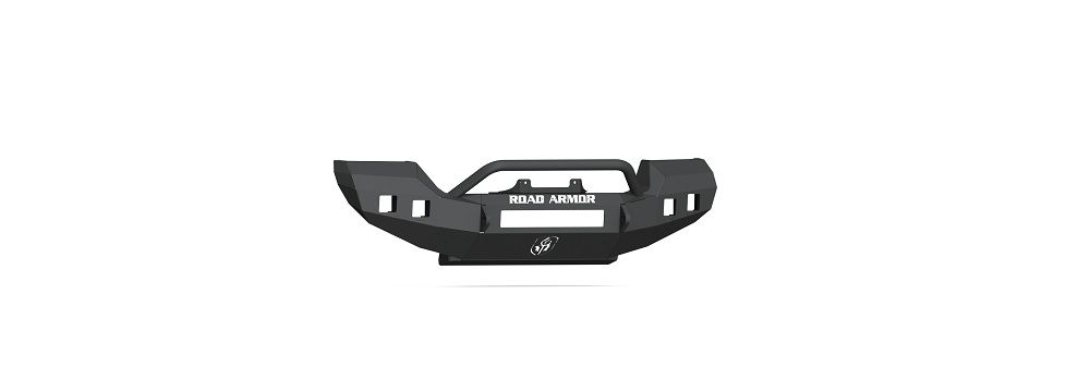 A 2018+ Jeep JL Rubicon Stealth Front Winch Bumper Pre-Runner Guard Full Width Rubicon in texture black is shown against a white background, featuring angular lines, a central “ROAD ARMOR” cutout, mounting points, and a bottom-center logo.