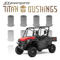 A red and black Honda utility vehicle appears in front of six gray bushings. The text above reads: Titan 2016+ Honda Pioneer 1000 HD Bushing Kit. This image promotes heavy-duty bushings for off-road vehicles.