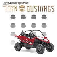 A red off-road UTV with black wheels sits at the bottom center. Above it, ten gray bushings are in two rows. At the top, “Titan 2016+ Yamaha Yxz Hd Bushing Kit” is written in bold, metallic text on a white background.