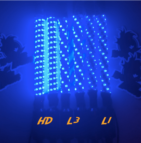 Five Cyclone Whips (Minis) - 1FT pairs glow bright blue in the dark, each with slightly different patterns and brightness. Silhouettes and orange labels “HD,” “L3,” and “L1” are visible along the bottom.
