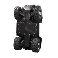 A black, rugged four-wheeled vehicle displays its underside on a white background, showing the Skid Plate Full Set (plastic) for CFORCE 800: 820/X8 attached to the metal chassis, highlighting its durability for off-road use.