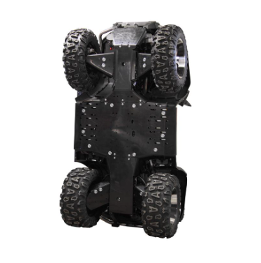 A black, rugged four-wheeled vehicle displays its underside on a white background, showing the Skid Plate Full Set (plastic) for CFORCE 800: 820/X8 attached to the metal chassis, highlighting its durability for off-road use.
