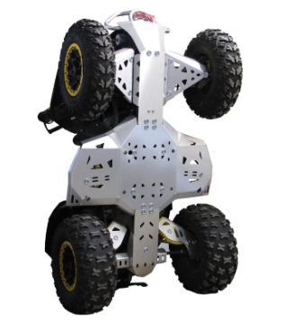 The Skid plate full set (aluminium) for CanAm G2 Renegade (2012-2016) features a rugged, metallic design with geometric cutouts and exposed bolts, built to protect your vehicle with durable coverage.