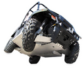 Low-angle view of a Polaris Ranger 400 / EV fitted with the Skid plate full set (aluminium), highlighting large, rugged tires, suspension, and heavy-duty protective metal plating underneath; isolated on white background.
