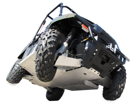 Low-angle view of a Polaris Ranger 400 / EV fitted with the Skid plate full set (aluminium), highlighting large, rugged tires, suspension, and heavy-duty protective metal plating underneath; isolated on white background.