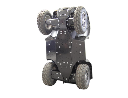 A rugged black Skid plate full set (plastic) for Polaris Sportsman Touring 550 X2 / 850 X2 (-2014) is shown upright, revealing its sturdy, metal-like underside with bolts and cut-outs, isolated on a white background.