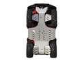 A top-down view of the Skid plate full set (aluminium) for Kawasaki KVF 650 / 750, displaying four rugged tires and a vented metallic skid plate that protects vehicle components; background is plain white.
