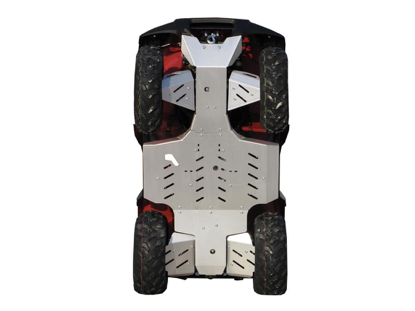 A top-down view of the Skid plate full set (aluminium) for Kawasaki KVF 650 / 750, displaying four rugged tires and a vented metallic skid plate that protects vehicle components; background is plain white.
