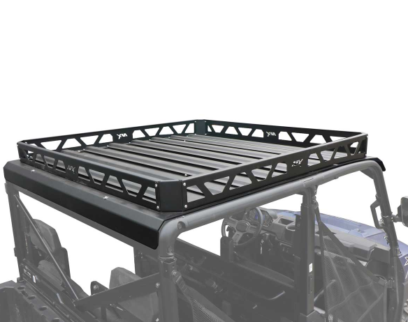 A black Roof Rack Kit for Polaris Ranger Crew XP1000 (2018-2021) with a flat, slatted base and raised sides is mounted on an off-road vehicle with an open cabin. The roof rack stands out against the white background.