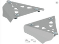 Pair of gray, triangular metal Al. Front A-Arm Guards for Canam Renegade 2012-2018 and Canam Outlander 2012-2018, each with cut-out geometric shapes and three silver screws, shown from multiple angles to display the perforated design.