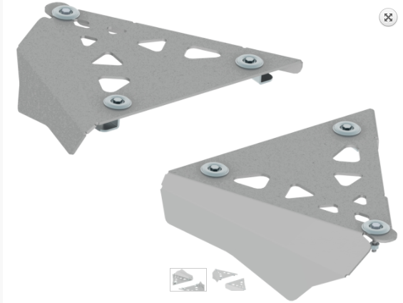 Pair of gray, triangular metal Al. Front A-Arm Guards for Canam Renegade 2012-2018 and Canam Outlander 2012-2018, each with cut-out geometric shapes and three silver screws, shown from multiple angles to display the perforated design.