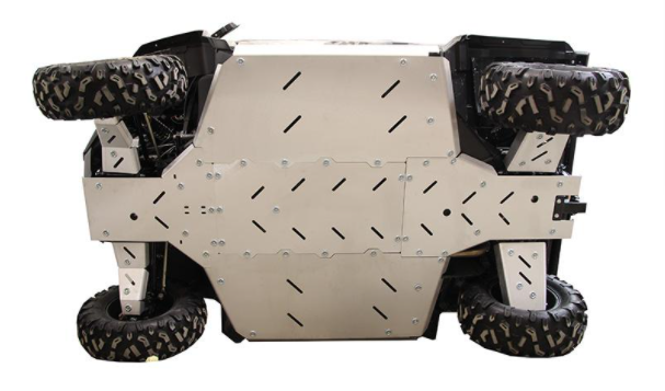 The Skid plate full set (aluminium) for CFMOTO UFORCE 1000 (2021-) is shown from below, highlighting its sturdy metal chassis with multiple bolts and cutouts. Deep-tread off-road tires at each corner showcase its all-terrain readiness.