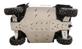 The Skid plate full set (aluminium) for CFMOTO UFORCE 1000 (2021-) is shown from below, highlighting its sturdy metal chassis with multiple bolts and cutouts. Deep-tread off-road tires at each corner showcase its all-terrain readiness.