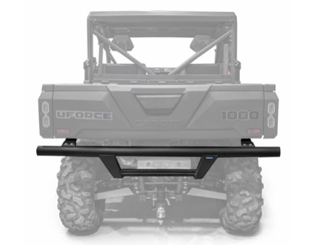 The Rival Rear Bumper – Cf Moto Uforce 1000 is shown on a gray UFORCE 1000, highlighting it as an accessory. The rugged tires, tailgate, and roll cage of the utility vehicle are also visible in the background.
