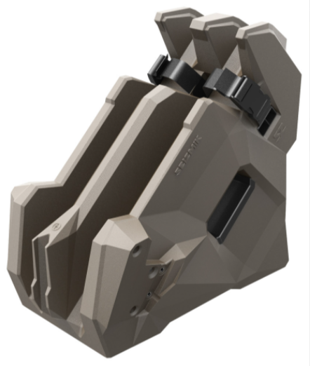 The Seizmik Icos 2 In Cab On Seat Holder is a tan, geometric plastic device with black adjustable straps and clips, a hollow center, and ridged edges, offering a robust industrial look ideal for holding gear or equipment.