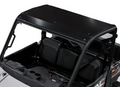 A Polaris Ranger 1000 / 1000 XP with the Rival Alloy Roof is shown from above, highlighting the black metal roof, windshield, two black front seats, dashboard, and rear cargo area of the UTV.