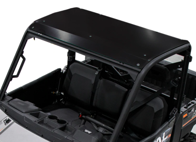 A Polaris Ranger 1000 / 1000 XP with the Rival Alloy Roof is shown from above, highlighting the black metal roof, windshield, two black front seats, dashboard, and rear cargo area of the UTV.