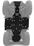 A view of the underside of a Cf Moto C Force 800/800XC/1000 shows a plastic central skid plate covering the bottom. The vehicle is upright with large rugged tires, and the skid plate is secured with multiple bolts. Background is plain white.