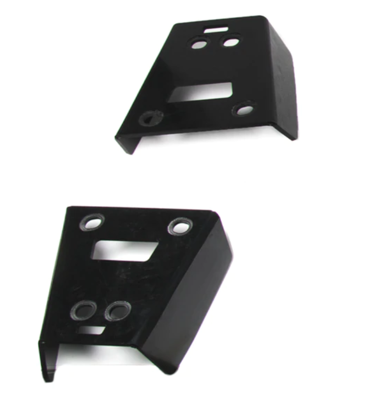 Two black, angular metal brackets—Polaris Ranger 1000 / 1000 Xp / Crew Plastic Rear A Arm Guards—are shown on a white background with multiple holes and cutouts, and flanges at right angles for mounting or structural support.