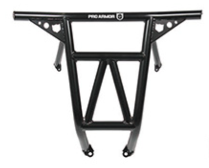 Red Pro Armor Race Rear Bumper for 2014-18 Polaris XP/XP4 1000/Turbo, featuring angular bars, triangular reinforcements, and mounting points. The PRO ARMOR logo is centered on the top bar, designed for off-road vehicles or ATVs.