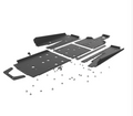 Exploded view of the Seizmik Uhmw Full Skid W| Integrated Rock Sliders shows multiple flat, black panels and included fasteners laid out on a white background, with parts like bolts and screws separated to illustrate assembly order.