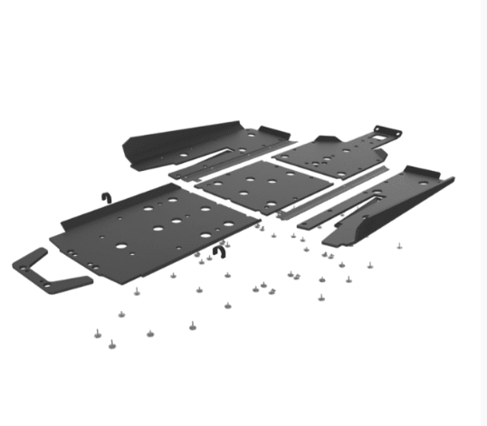 Exploded view of the Seizmik Uhmw Full Skid W| Integrated Rock Sliders shows multiple flat, black panels and included fasteners laid out on a white background, with parts like bolts and screws separated to illustrate assembly order.