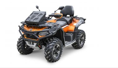 A Rival Cf Moto C Force 500 HO / 500 EPS / 600 Radiator Relocator Kit with Snorkel is shown installed on an orange and black ATV featuring off-road tires, front storage rack, dual seat, raised handlebars, and rear cargo space on a white background.