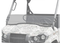 A close-up of a Kawasaki Mule Pro MX (2018+) with a tinted short windshield, camouflage exterior, visible steering wheel, and protective frame bars. The white background highlights the off-road utility vehicles standout features.