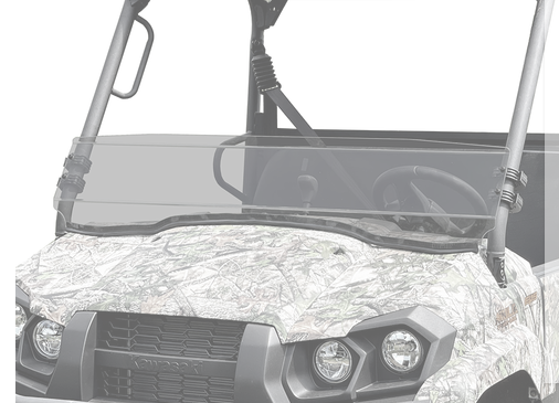 A close-up of a Kawasaki Mule Pro MX (2018+) with a tinted short windshield, camouflage exterior, visible steering wheel, and protective frame bars. The white background highlights the off-road utility vehicles standout features.