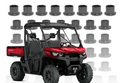 A red and black off-road utility vehicle is displayed in front of a grid of Titan Can-Am Defender Bushing Kits 2016+, which are arranged in rows as replacement parts against a white background.