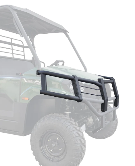 A close-up of the rugged black Kawasaki Mule Pro-Mx / EPS / EPS LE Front Bumper on a green off-road utility vehicle, with only the front in full color and the rest faded to highlight the bumper.