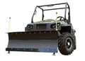 A rugged utility vehicle features a Hisun/Massimo/Bennche/Coleman/Cub Cadet 500/700 Denali Series Snow Plow Kit (60/66/72, 2011+) with a wide black blade, yellow guide rods, large tires, and a roll cage.
