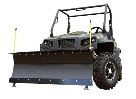 A rugged utility vehicle features a Hisun/Massimo/Bennche/Coleman/Cub Cadet 500/700 Denali Series Snow Plow Kit (60/66/72, 2011+) with a wide black blade, yellow guide rods, large tires, and a roll cage.