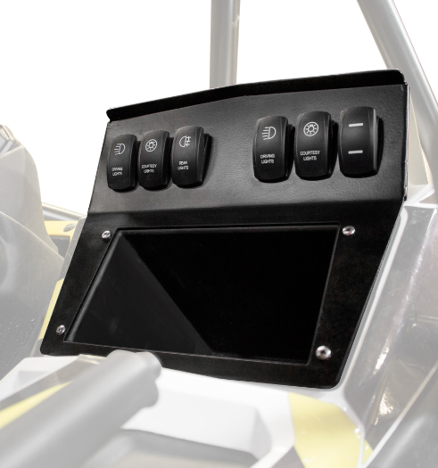 A close-up of a Yamaha YXZ 1000R HMF 6 Switch Panel (No Switches, Black, 2016+) shows five labeled rocker switch slots above a large blank display area with screws, mounted inside a vehicle with visible metal framework.