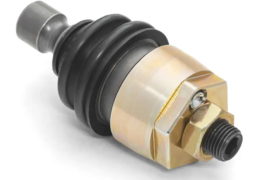 A close-up of a Keller UTV/SXS/ATV Ball Joint for Polaris, Canam, Honda, and Kawasaki showcases its gold and black finish with a threaded stud, hexagonal nut, and rubber dust boot on a white background.