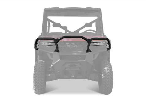 A front view of a Polaris Ranger 1000 / 1000 XP / EPS / Crew, shown in grayscale with its black, angular Front Bumper highlighted in full color, covering the headlights and grille to emphasize its protective design.