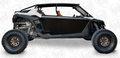 A set of Aluminum Doors for RZR PRO XP 4/Turbo R4/Pro R4, shown side view on a rugged black side-by-side with exposed suspension, two seats, no roof, angular futuristic design, and large off-road tires on a white background.