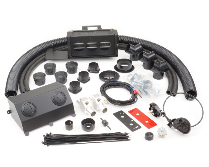 The Intimidator GC1K (2020-2024) Ice Crusher Cab Heater kit includes black hoses, vent panels, connectors, wiring, switches, zip ties, mounting brackets, screws, and circular vents—all neatly arranged on a white background.