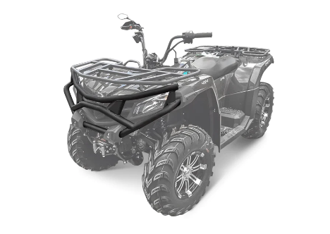A rugged CF Moto C Force 400 / 500 EPS / 500 2-UP is shown at an angle, highlighting its sturdy front bumper and grille guard. Large off-road tires, a front cargo rack, and handlebar controls are visible, with the rear section faded for emphasis.