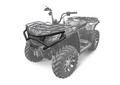 A rugged CF Moto C Force 400 / 500 EPS / 500 2-UP is shown at an angle, highlighting its sturdy front bumper and grille guard. Large off-road tires, a front cargo rack, and handlebar controls are visible, with the rear section faded for emphasis.